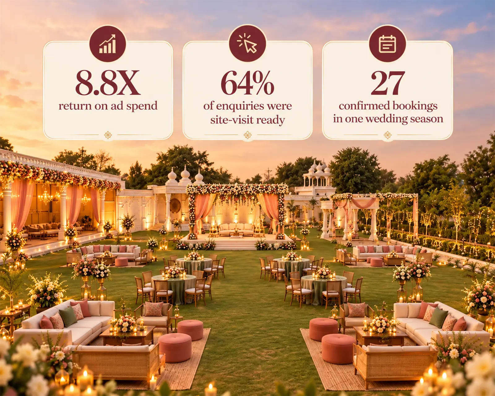 Virasat wedding banquet Meta Ads campaign with 8.8X ROAS and 27 confirmed bookings