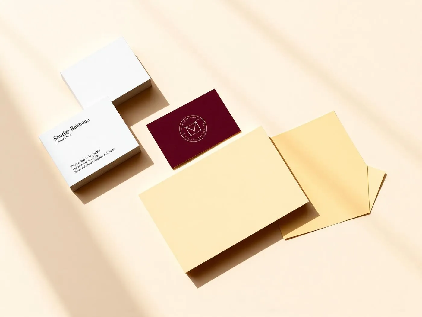 Brand identity collateral flatlay on warm paper